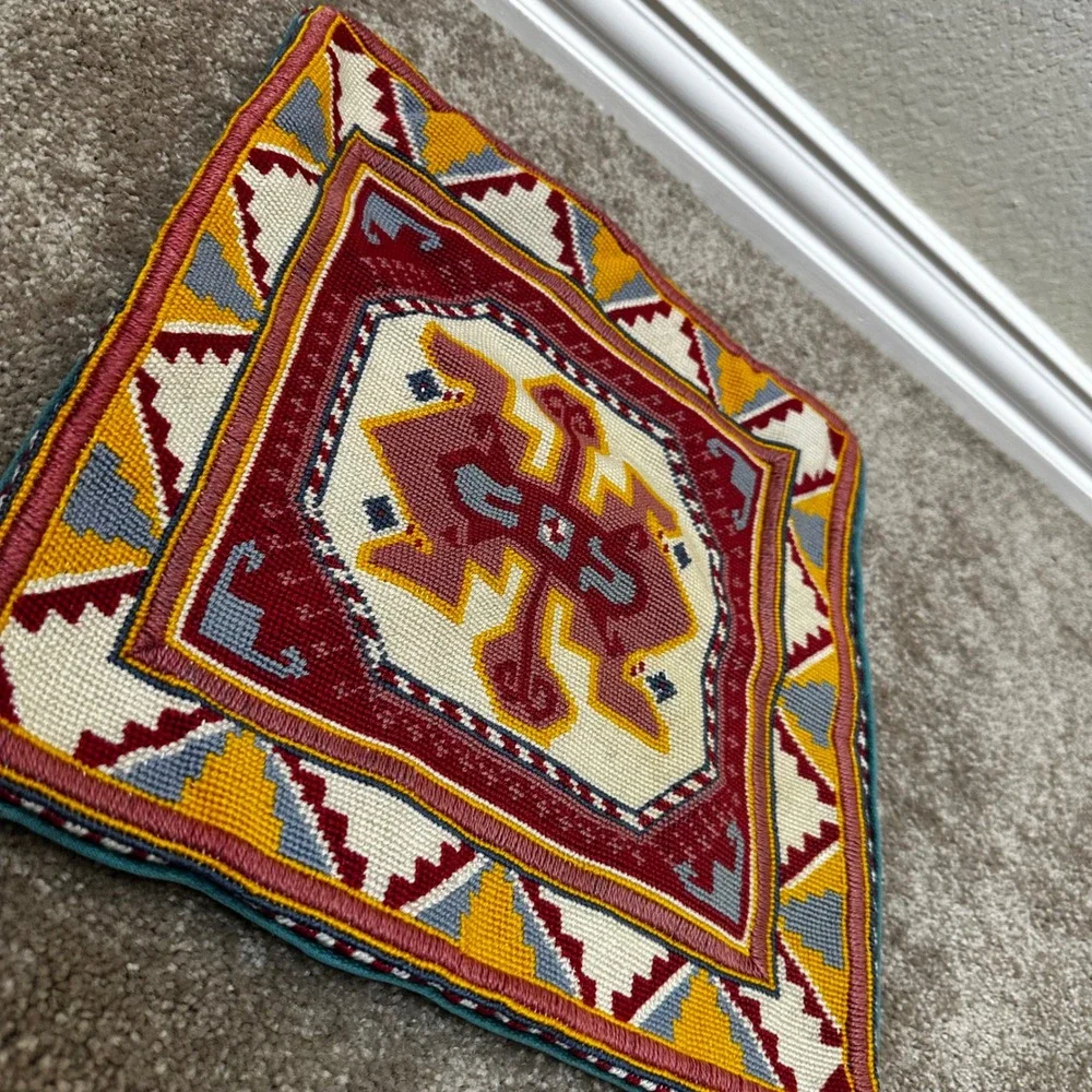 Vintage Handmade Needlepoint Geometric Tribal Pillow Cover Teal Velvet 13x13